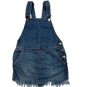 Free People Denim Overall Mini Dress Blue Distressed Frayed Hem Size 0